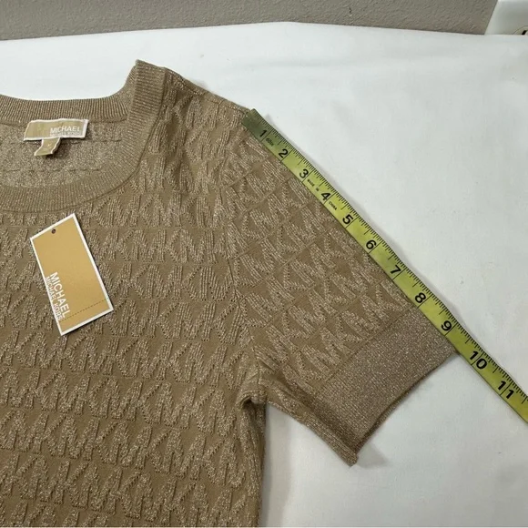 Michael Kors Cotton Blend Tan Gold Knit Stretchy All Over Logo Sweater Dress M Michael Kors Cotton Blend Tan Gold Knit Stretchy All Over Logo Sweater Dress M
